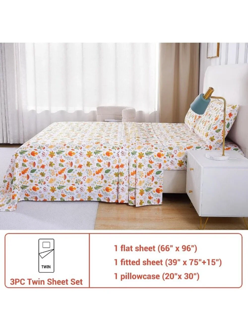 Orange Floral Twin Sheet Set - 3-Piece Microfiber Bedding with Deep Pockets